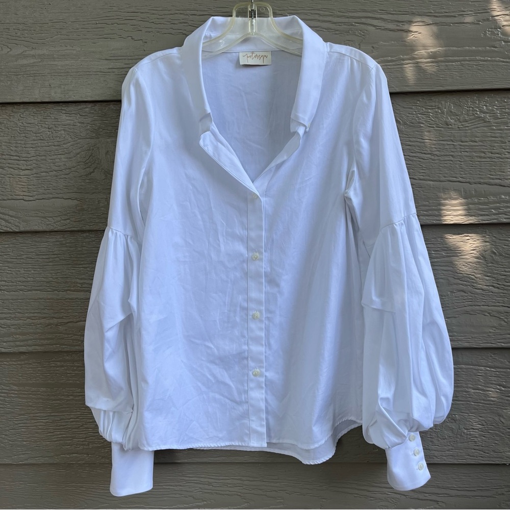 Petersyn White Cotton Medium‎ Blouse Buttons LS Puffy Sleeves Open Neck Collar - Picture 2 of 11